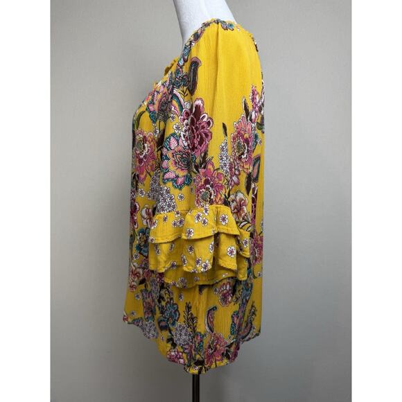 Bila Yellow Floral Blouse Top 3/4 Sleeves Sz M Ruffle Sleeves Tassel Tie - Picture 6 of 12